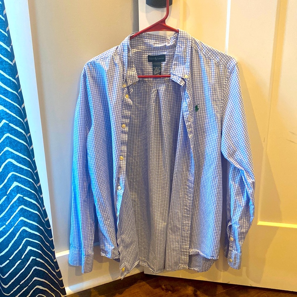 blue and white button up. XL